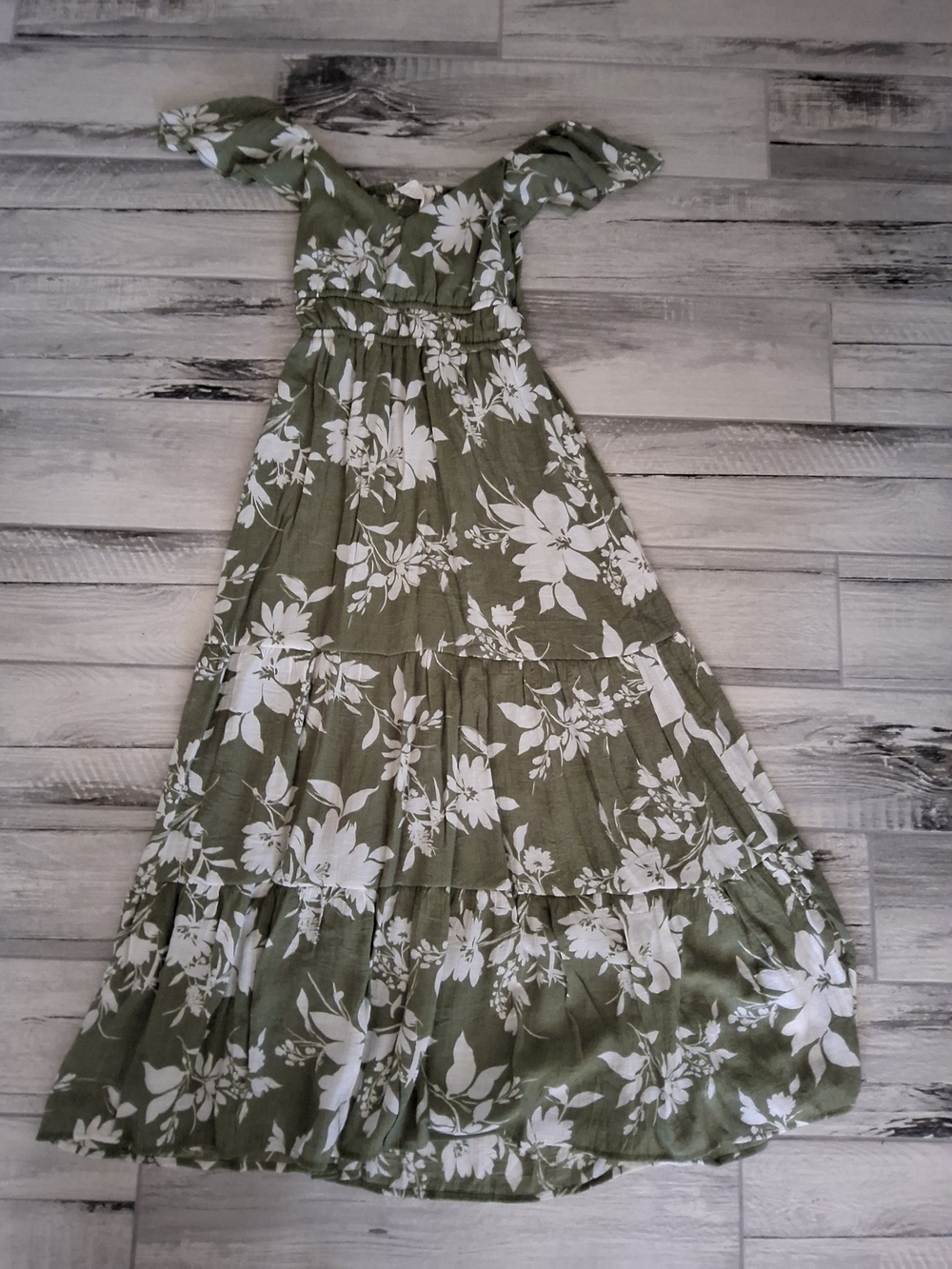 Floral Olive Green Maxi Dress with White Print